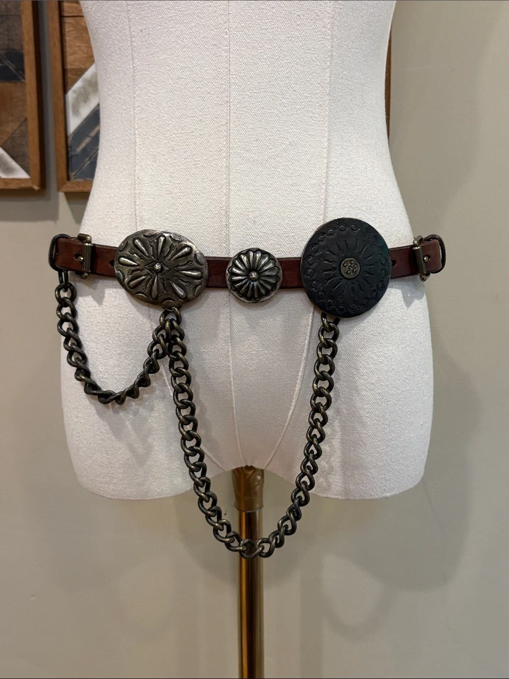 Ralph Lauren Collection Brown Leather Double Buckle Concho Chain Belt size Small
